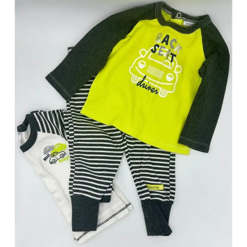 Asorba 3 Piece Set SIze 9mo White Grey Chartreuse Long Sleeve (909)